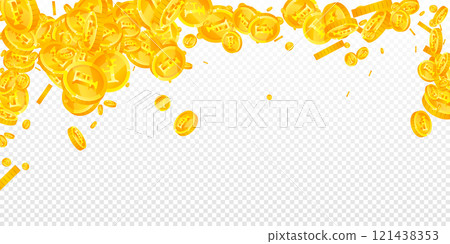 Swiss franc coins falling. Gold scattered CHF coins. Switzerland money. Global financial crisis concept. Wide vector illustration. Swiss franc coins falling. Gold scattered CHF coins. Switzerland money. Global financial crisis concept. Wide vector illustration. 121438353