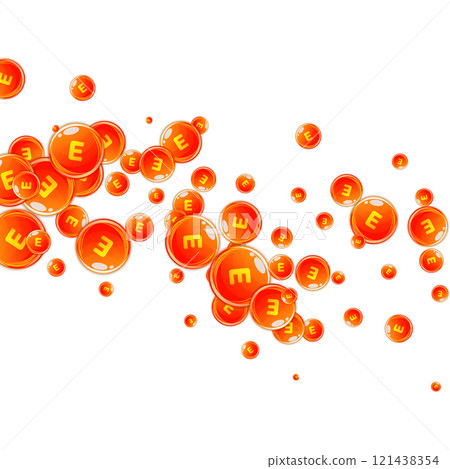 Vitamin E round capsules scattered randomly. Beauty treatment and nutrition skin care. Healthy life concept. Essential vitamins vector illustration. Vitamin E round capsules scattered randomly. Beauty treatment and nutrition skin care. Healthy life concept. Essential vitamins vector illustration. 121438354