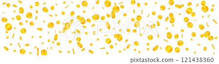 Bitcoin coins falling. Cryptocurrency scattered gold BTC coins. Internet currency. Jackpot wealth or success concept. Panoramic vector illustration. 121438360