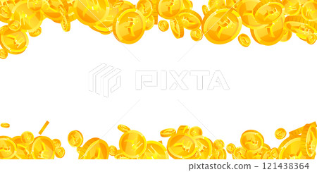 Indian rupee coins falling. Scattered gold INR coins. India money. Great business success concept. Wide vector illustration. 121438364