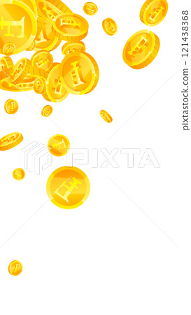 Swiss franc coins falling. Gold scattered CHF coins. Switzerland money. Global financial crisis concept. Vector illustration. Swiss franc coins falling. Gold scattered CHF coins. Switzerland money. Global financial crisis concept. Vector illustration. 121438368