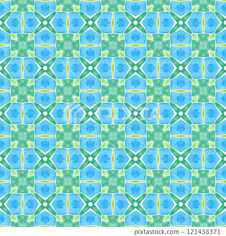 Tiled watercolor background. Green outstanding boho chic summer design. Textile ready mind-blowing print, swimwear fabric, wallpaper, wrapping. Hand painted tiled watercolor border. 121438371