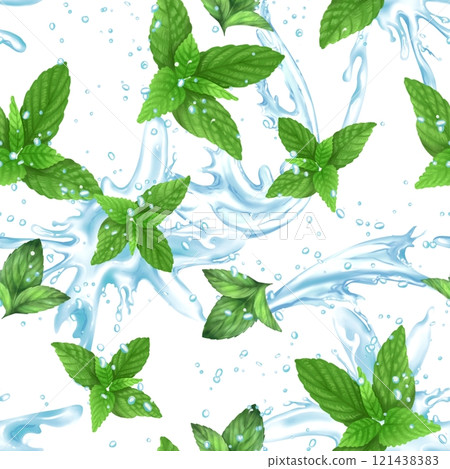 Seamless pattern with green mint leaves and water splashes. Fresh beverage background. 121438383