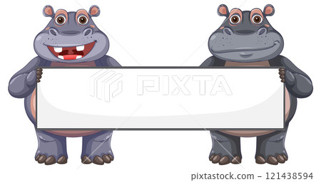 Hippos Holding a Blank Sign 121438594