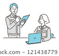Male and female workers in work clothes having a work meeting [Vector illustration material] 121438779