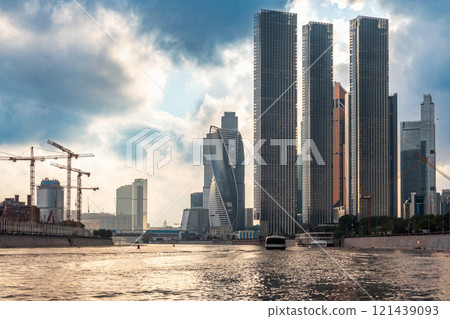 High buildings of Moscow-City, view from cruise ship and Moskva River at summer day, Russia. 121439093