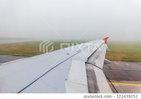 View from the airplane window during taking off on a clear summer morning. Yekaterinburg, Russia 121439252