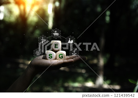 Esg icon on wood green Forest background. ESG environmental social governance investment business, Net zero emission Idea innovation. Environmental, social,Governance concept for Green corporate. 121439542