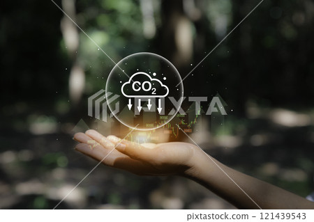 reduce climate change, concept of reduce co2 emission using clean energy. Hands Protecting Planet. Green Energy, ESG, Renewable and Sustainable Resources. Environmental Care.Use of renewable energy 121439543