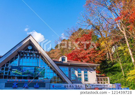 In front of Kiyotaki Station on the Keio Line at Mount Takao in autumn, with the morning sun shining through 121439728
