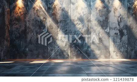 Concrete wall and floor are bathed in the warm glow of spotlights, illuminating the rugged texture and raw beauty of the surfaces 121439878