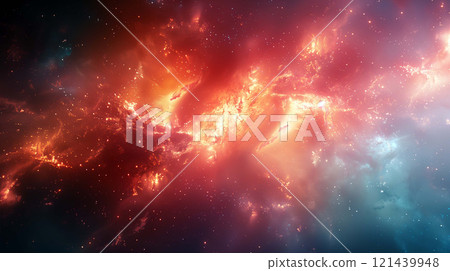 Colors burst and blend, resembling the intricate dance of nebula clouds 121439948