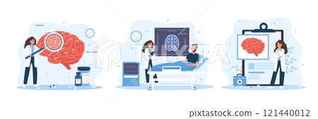 Neurosurgeon concept. Female doctor study brain diseases. Neurological therapy. Neurology or Neuroscience. Vector illustration in flat cartoon style 121440012