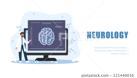 Neurology concept. Male doctor examine MRI scan. Brain disease diagnostics. Vector illustration in flat cartoon style 121440016