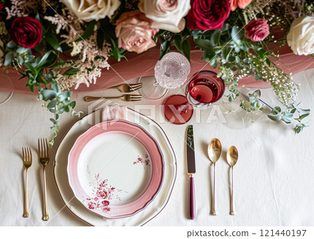 Festive table setting with candles and arrangement of beautiful red flowers. Holiday concept. High quality photo Festive table setting with candles and arrangement of beautiful red flowers. Holiday concept. High quality photo 121440197