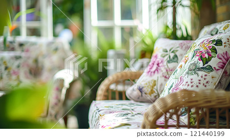 Colorful pillows on sofa against glass wall of window in a winter garden or conservatory. Interior textile concept. High quality photo 121440199