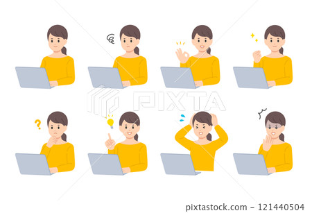 A set of young women with various expressions and poses while looking at a computer [People vector illustration material] 121440504