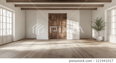 A room with a wooden door and hardwood floor, with a potted plant and sunlight coming in through the window A room with a wooden door and hardwood floor, with a potted plant and sunlight coming in through the window 121441017