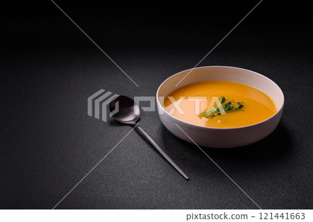 Cream soup of pumpkin, zucchini and carrots with salt and spices Cream soup of pumpkin, zucchini and carrots with salt and spices 121441663