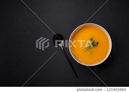 Cream soup of pumpkin, zucchini and carrots with salt and spices Cream soup of pumpkin, zucchini and carrots with salt and spices 121441664