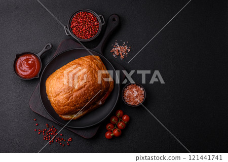 Ciabata with jamon or prosciutto, tomatoes, cheese and lettuce Ciabata with jamon or prosciutto, tomatoes, cheese and lettuce 121441741