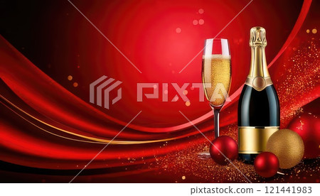 AI image: A gorgeous red background with a champagne bottle and a glass of champagne 121441983