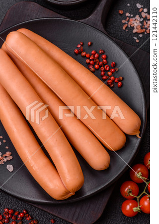 Delicious fresh vegetarian sausage or sausage made from vegetable protein tofu or seitan legumes 121442110