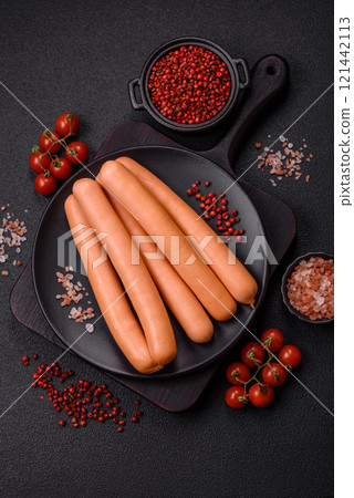 Delicious fresh vegetarian sausage or sausage made from vegetable protein tofu or seitan legumes 121442113
