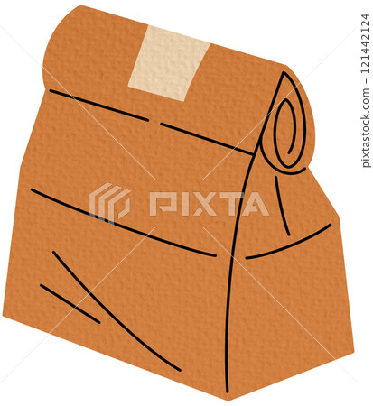 Fast food paper bag. Takeaway food packaging, food delivery paper bag flat vector illustration. Disposable food paper bag on white	 121442124