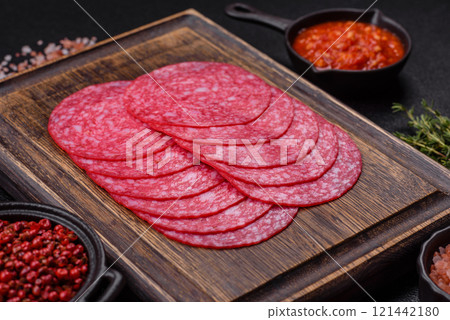 Delicious smoked salami sausage with salt, spices and herbs 121442180