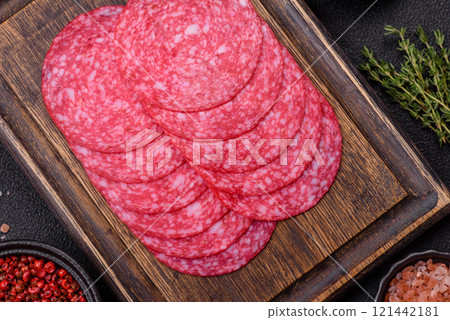 Delicious smoked salami sausage with salt, spices and herbs 121442181