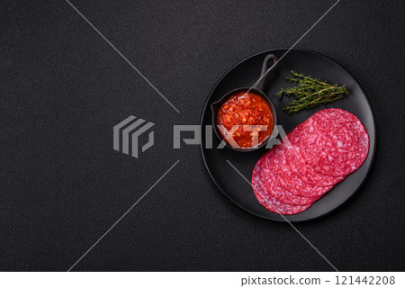 Delicious smoked salami sausage with salt, spices and herbs Delicious smoked salami sausage with salt, spices and herbs 121442208