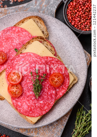 Sandwich with toast, salami slices, cheese and tomatoes, salt and spices Sandwich with toast, salami slices, cheese and tomatoes, salt and spices 121442237