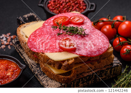 Sandwich with toast, salami slices, cheese and tomatoes, salt and spices 121442246