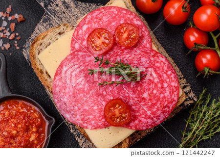 Sandwich with toast, salami slices, cheese and tomatoes, salt and spices 121442247