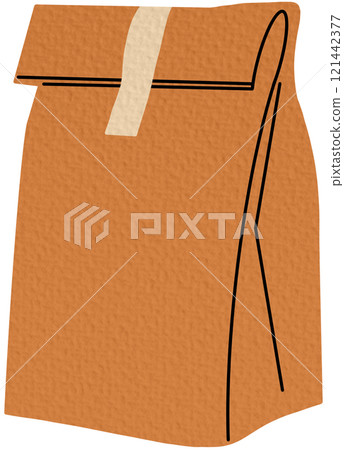 Paper bag, pouch, kraft package. Eco-friendly craft pack sealed with tap for products, takeaway food and gifts. Biodegradable recyclable packet. Flat vector illustration isolated on white background Paper bag, pouch, kraft package. Eco-friendly craft pack sealed with tap for products, takeaway food and gifts. Biodegradable recyclable packet. Flat vector illustration isolated on white background 121442377