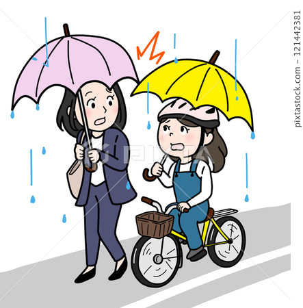 A person holding an umbrella on a rainy day colliding with a bicycle (including road, color) A person holding an umbrella on a rainy day colliding with a bicycle (including road, color) 121442381