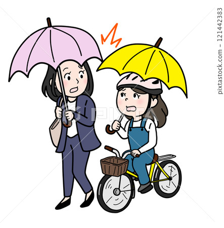 A person holding an umbrella and colliding with a bicycle (people only, color) 121442383