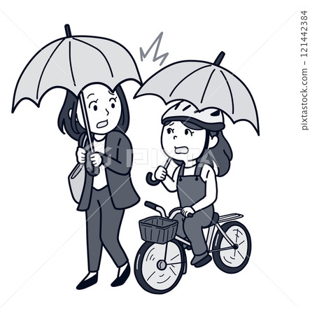 A person holding an umbrella and colliding with a bicycle (people only, 1 tone) 121442384