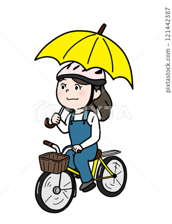 A person riding a bicycle with an umbrella (people only, color) A person riding a bicycle with an umbrella (people only, color) 121442387