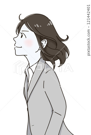 Woman looking up (upper body) skin tone white 121442401
