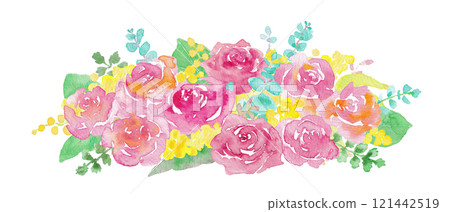 Watercolor illustration of roses and mimosa flower arrangement 121442519
