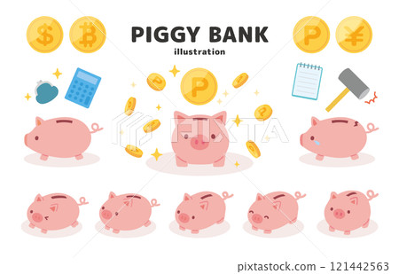 Pig piggy bank and points, money illustration collection Pig piggy bank and points, money illustration collection 121442563