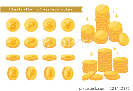 Illustration collection of money, virtual currency, points (yen/dollar/bitcoin/points) 121442571