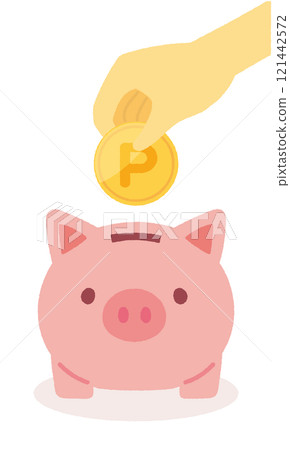 Illustration of putting coins into a piggy bank 121442572