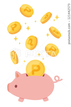 有很多硬幣的豬存錢筒的插圖 121442573
