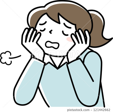 The upper body of a woman sighing while resting her chin on her hand 121442662