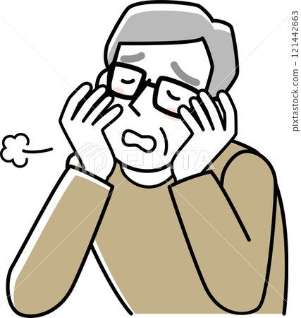 The upper body of a senior man sighing while resting his chin on his hand 121442663