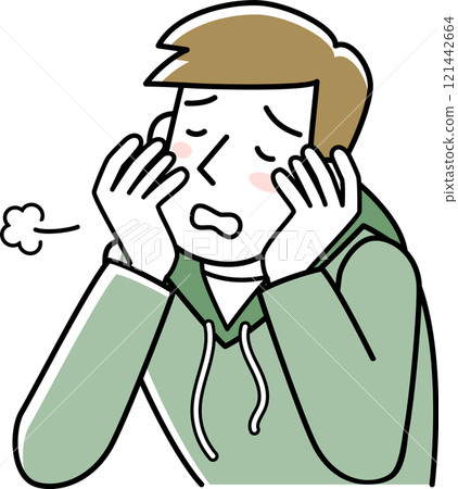 The upper body of a man sighing while resting his chin on his hand 121442664