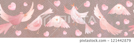 Birds flying, singing, and pink hearts, hand painted watercolor seamless border on mocha background. High quality pink clip art in cartoon style great for children products, wrapping paper, tape Birds flying, singing, and pink hearts, hand painted watercolor seamless border on mocha background. High quality pink clip art in cartoon style great for children products, wrapping paper, tape 121442879